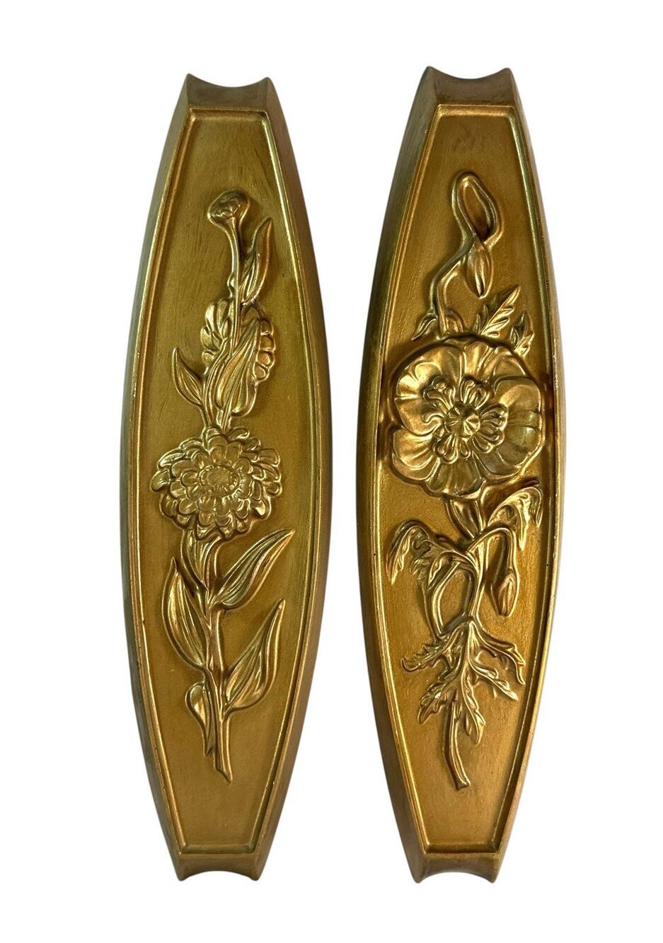 Vintage Gold Chalkware Floral Wall Plaques Pair Hollywood Regency 17.5”